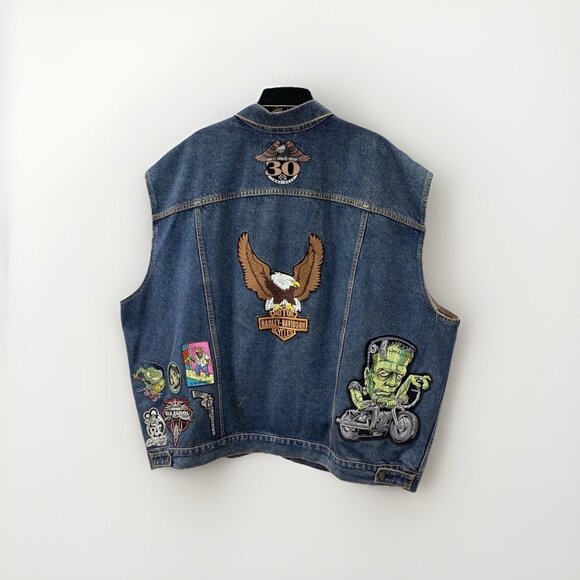 Levi Strauss Vtg Men Blue Denim Vest w Multi Themed Patchwork Sz 4XL Biker - Picture 2 of 6